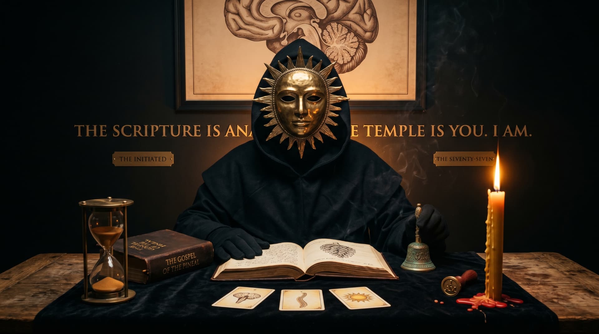 I AM masked at the writing table with The Gospel of The Pineal